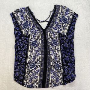 Lucky‎ Brand top Womens S Short Sleeve Peasant Blue Print floral - flaw